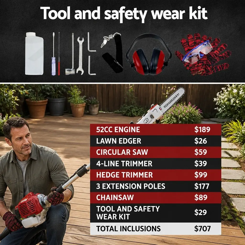 Pole Chainsaw 52cc 7 in 1 Petrol Multi-Tool with Hedge Trimmer Brush Cutter and Extension Poles