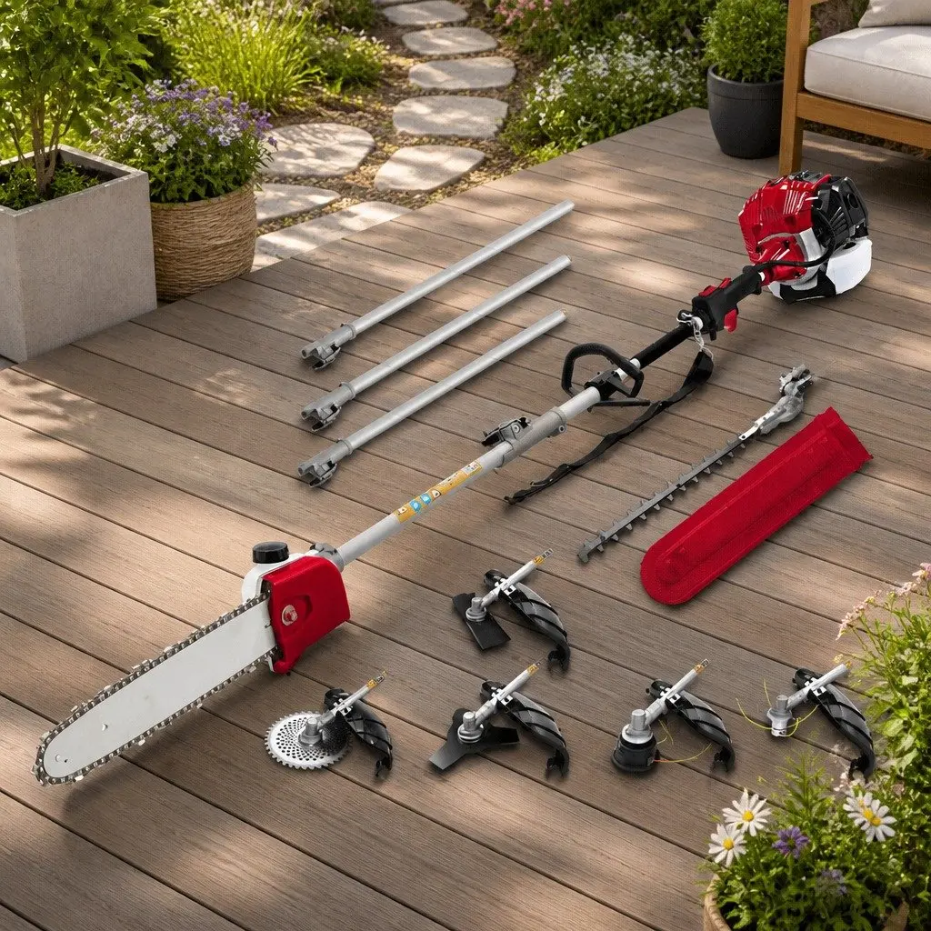 Pole Chainsaw 52cc 7 in 1 Petrol Multi-Tool with Hedge Trimmer Brush Cutter and Extension Poles