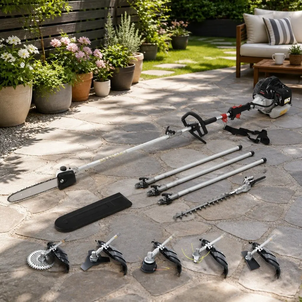 65CC Petrol Pole Chainsaw 7-in-1 Multi-Tool with Hedge Trimmer Brush Cutter Whipper Snipper and Three Extension Poles for Gardening Tasks