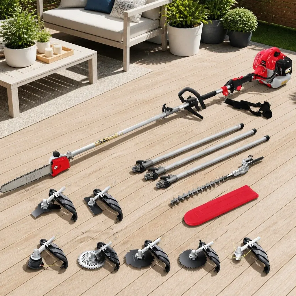 65CC Pole Chainsaw 9-in-1 Multi Tool with Hedge Trimmer Brush Cutter Whipper Snipper and Three Extension Poles for Garden Maintenance