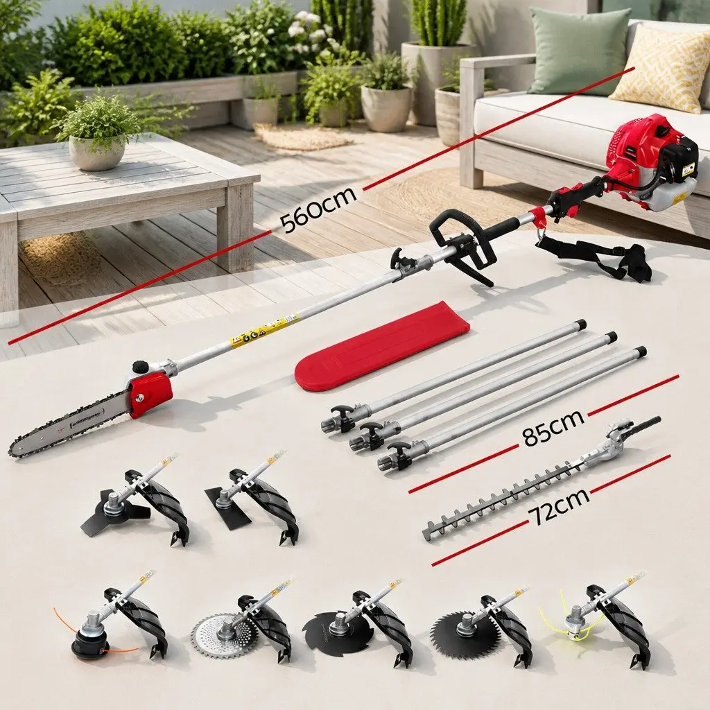 65CC Pole Chainsaw 9-in-1 Multi Tool with Hedge Trimmer Brush Cutter Whipper Snipper and Three Extension Poles for Garden Maintenance