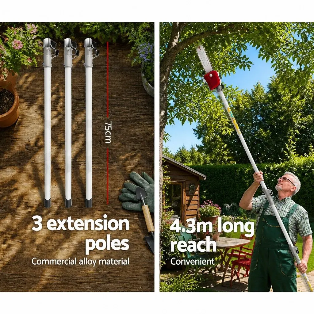 Petrol Pole Chainsaw 52cc Long Reach 12 Inch Bar Cutter with Anti-Vibration Mechanism and Quick Connect Extension Poles