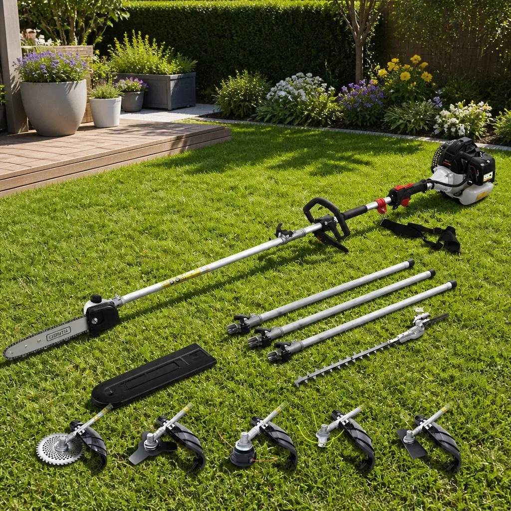 62cc Pole Chainsaw 5.6m Reach 7-in-1 Multi-Tool System with Hedge Trimmer Brush Cutter Whipper Snipper and Extension Poles