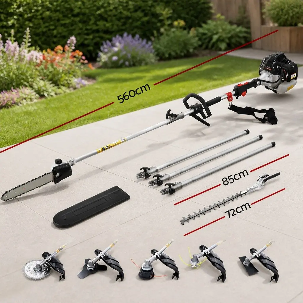 62cc Pole Chainsaw 5.6m Reach 7-in-1 Multi-Tool System with Hedge Trimmer Brush Cutter Whipper Snipper and Extension Poles