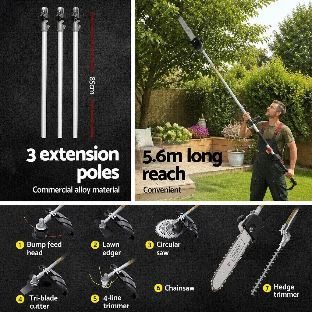 62cc Pole Chainsaw 5.6m Reach 7-in-1 Multi-Tool System with Hedge Trimmer Brush Cutter Whipper Snipper and Extension Poles