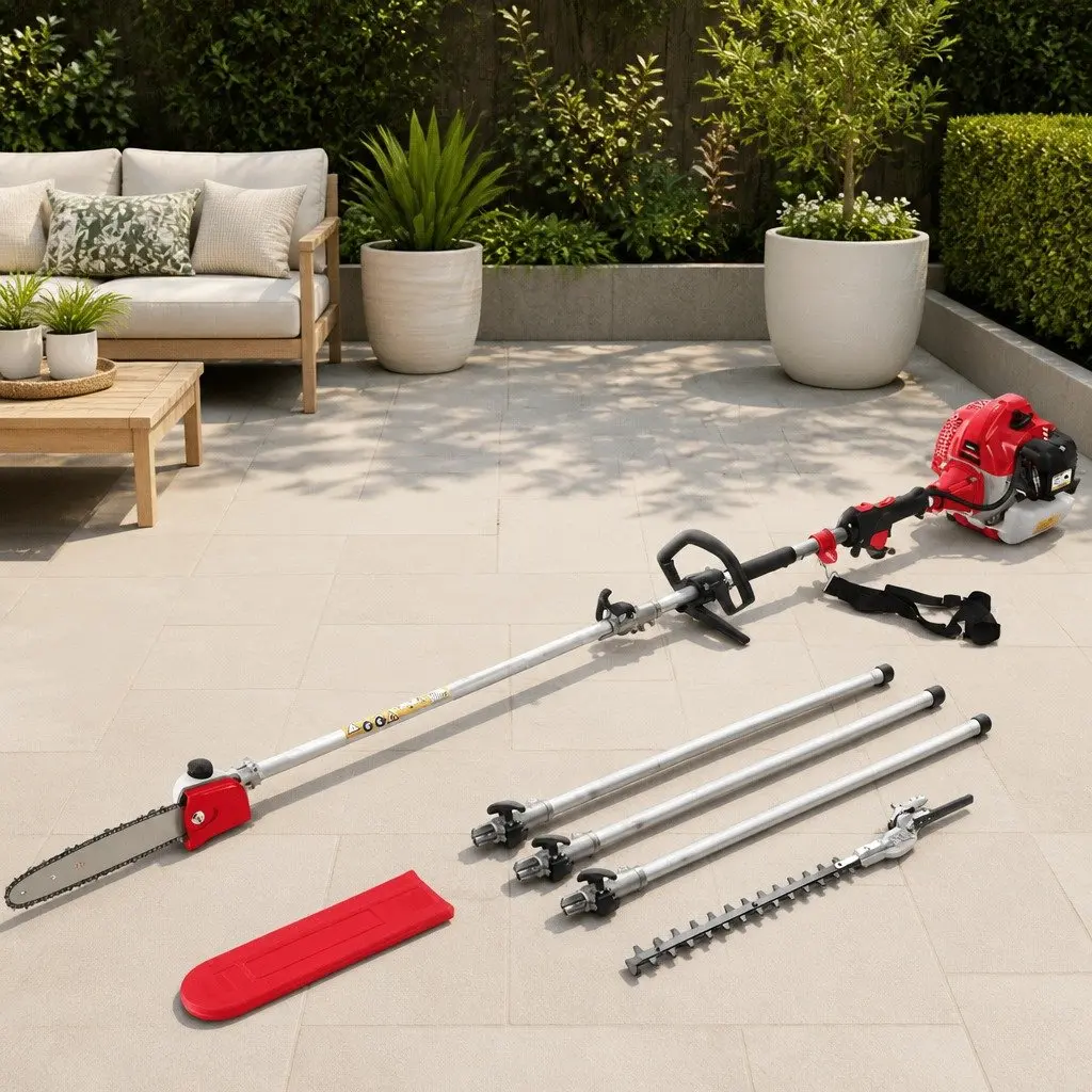 62CC Petrol Pole Chainsaw Hedge Trimmer 12in Bar 5.6m Reach Extension Poles Anti-Vibration Mechanism Adjustable Oil Feeding System