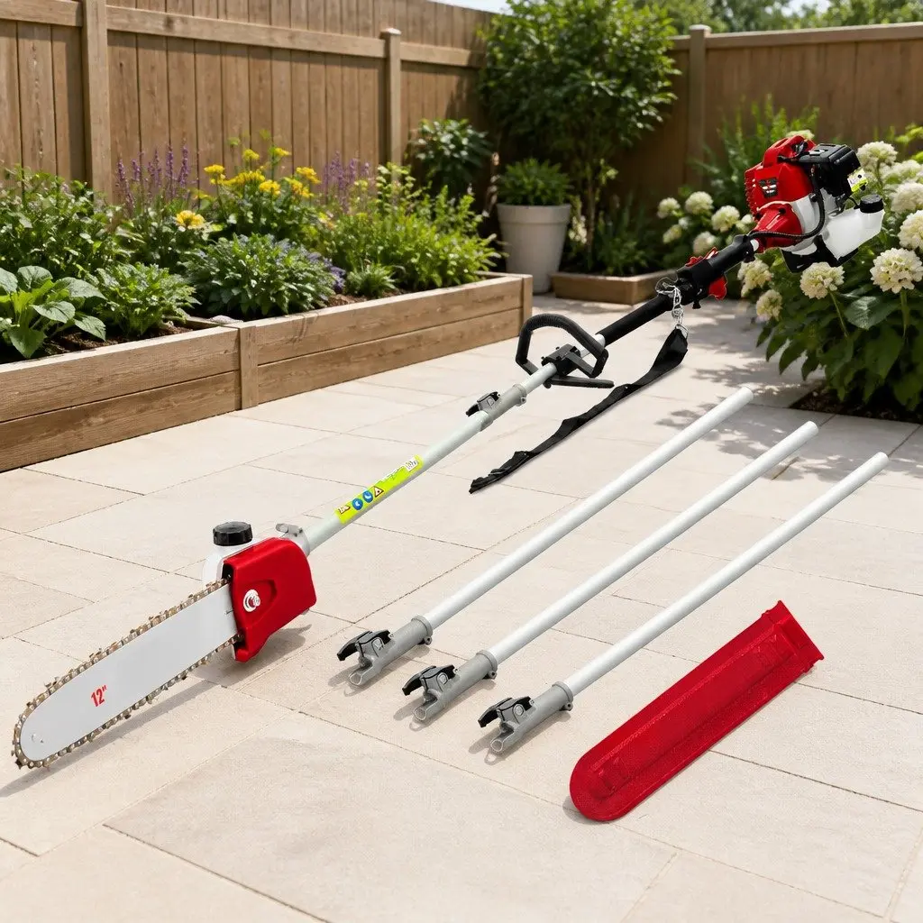 Pole Chainsaw 52cc Petrol 12 Inch Bar Long Reach with Anti Vibration Mechanism and 3 Extension Poles for Tree Pruning