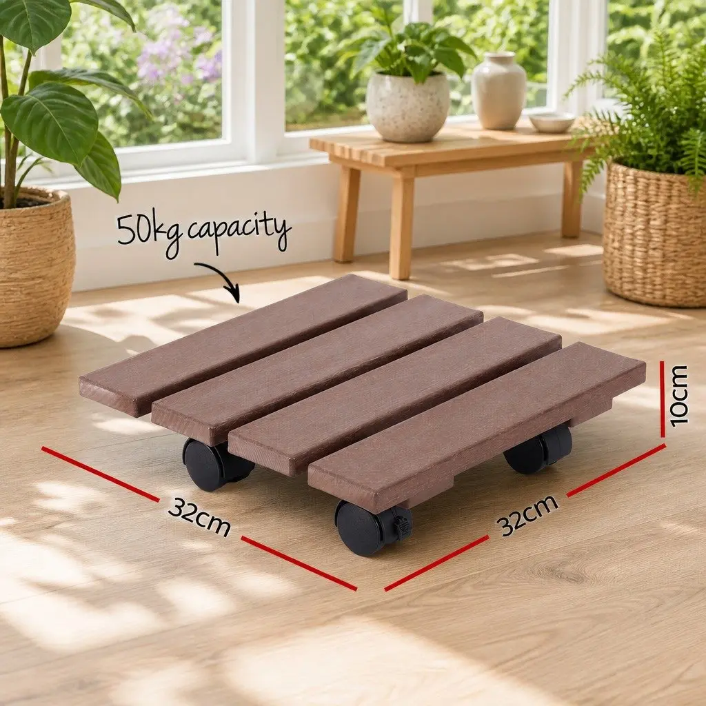 Plant Caddy Rolling Cart 32cm Lockable Wheels Pot Mover Brown Garden Indoor 2 Piece