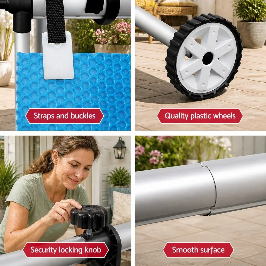 Pool Cover Roller Adjustable 4m Aluminium Construction Non-Slip Spinning Wheel