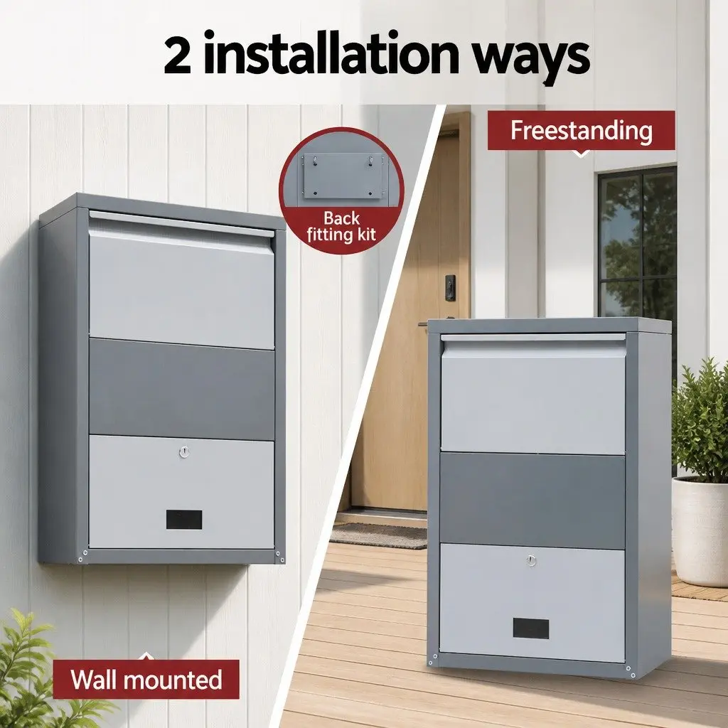 Parcel Drop Box Steel 47cm Water-Resistant Secure Package Storage Cabinet Grey