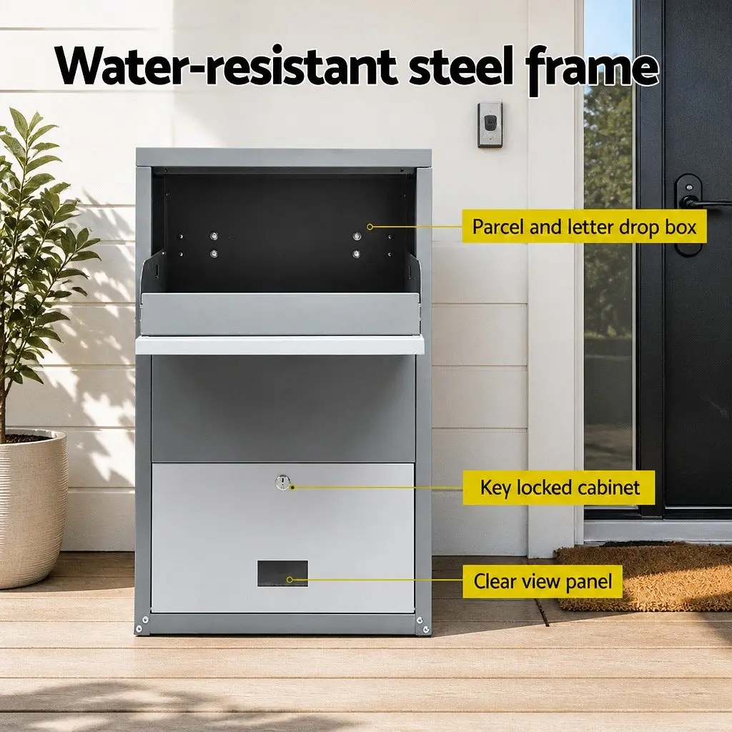 Parcel Drop Box Steel 47cm Water-Resistant Secure Package Storage Cabinet Grey