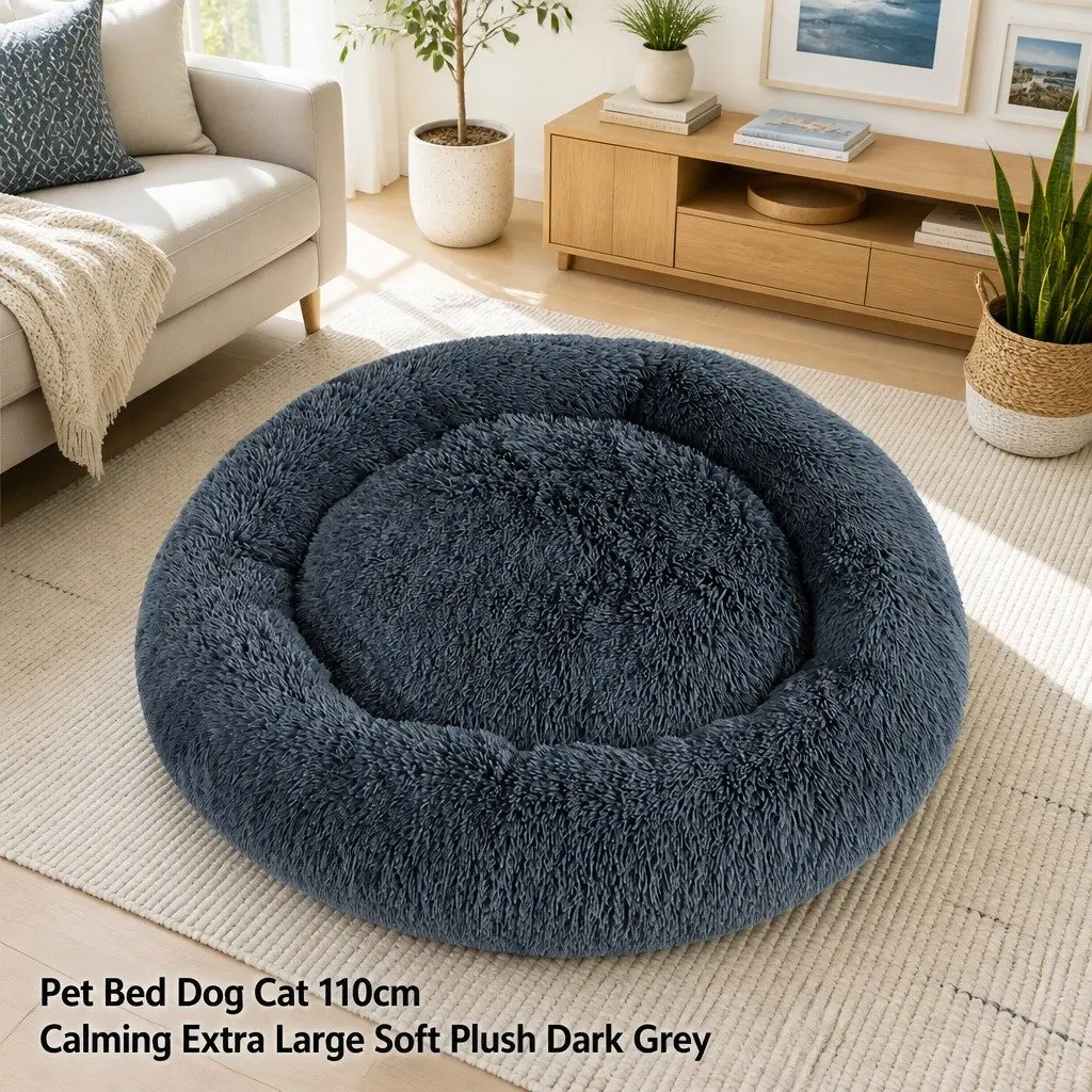 Extra Large Pet Bed 110cm Soft Plush Calming Dark Grey Non-Slip