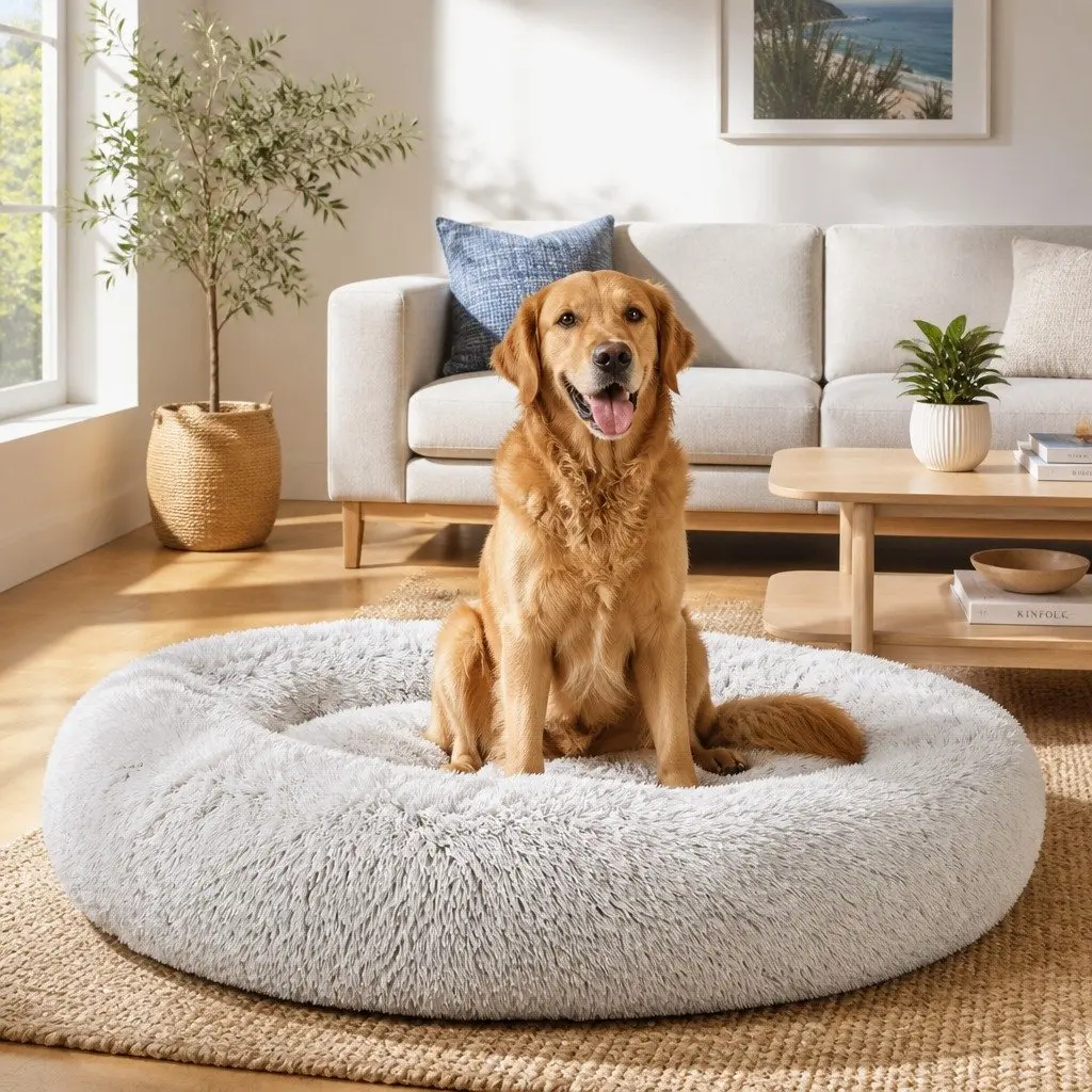 Dog Bed Extra Large Soft Plush Calming Washable White Brown