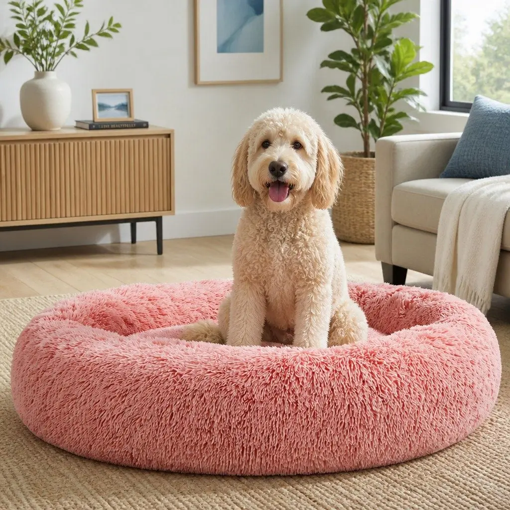 Extra Large Pet Bed 110cm Soft Plush Calming Pink Washable Cover