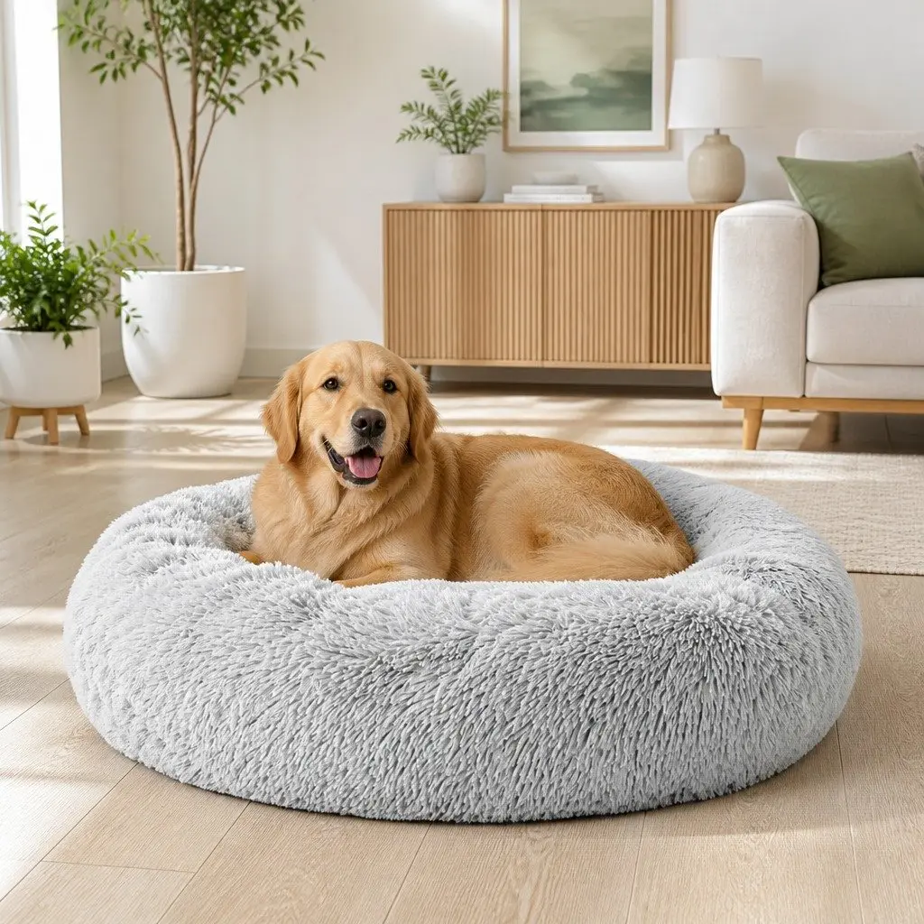 Large Dog Cat Pet Bed 90cm Soft Plush Washable Non-slip Light Grey
