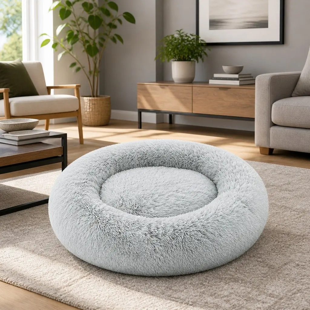 Large Dog Cat Pet Bed 90cm Soft Plush Washable Non-slip Light Grey
