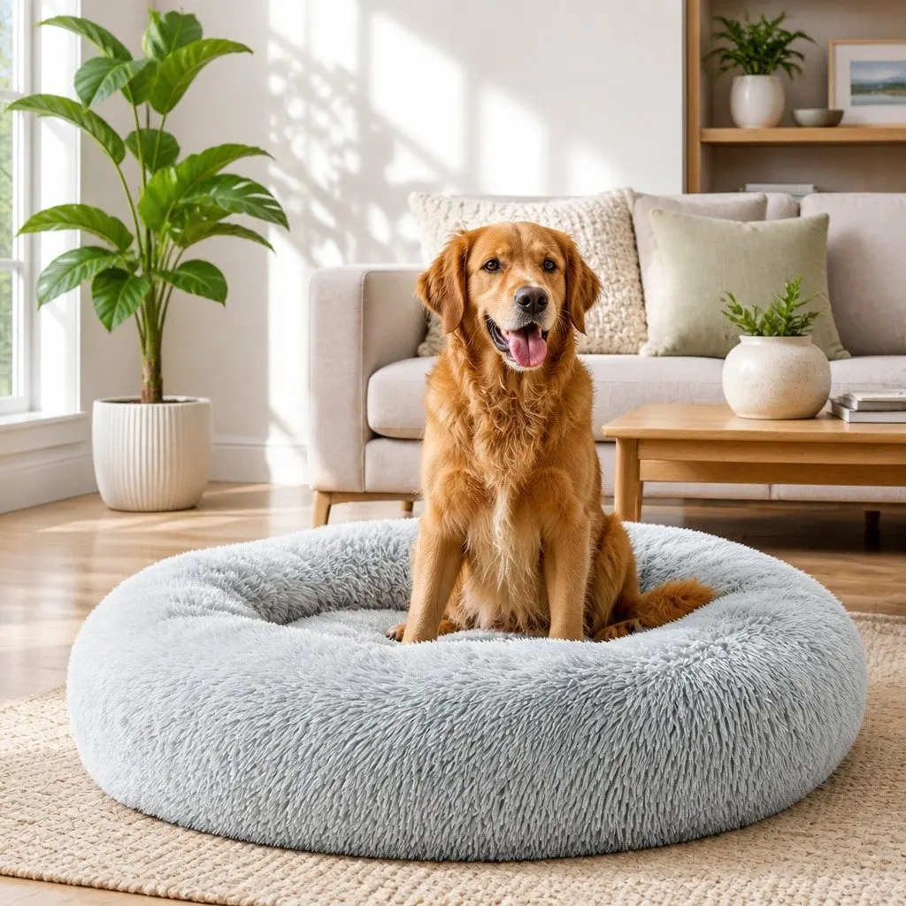 Large Dog Cat Pet Bed 90cm Soft Plush Washable Non-slip Light Grey