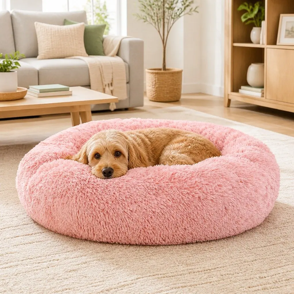 Large Pet Bed 90cm Soft Plush Pink Non-Slip Base Washable Cover