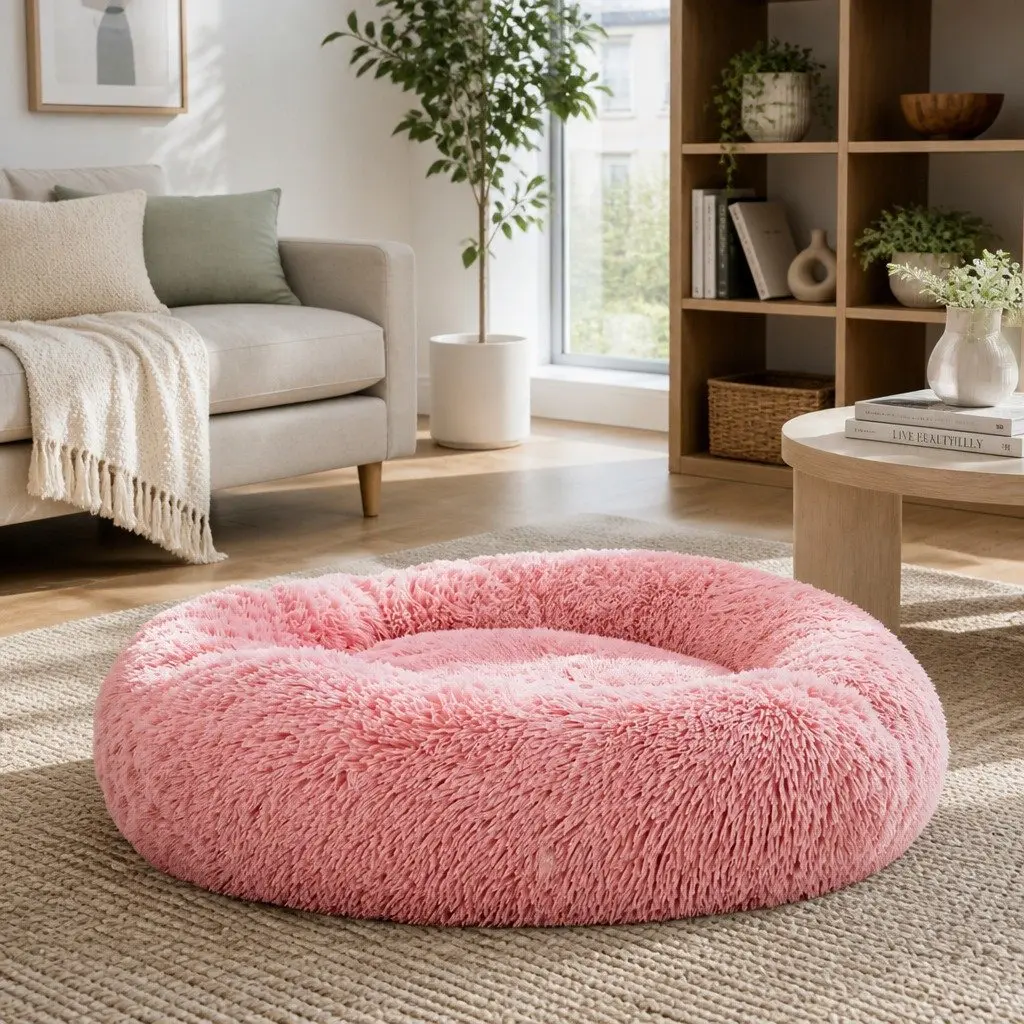 Large Pet Bed 90cm Soft Plush Pink Non-Slip Base Washable Cover