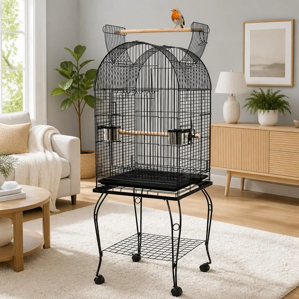 Large Bird Cage 150cm Dome Shape Wrought Iron Black Parrot Enclosure with Stand