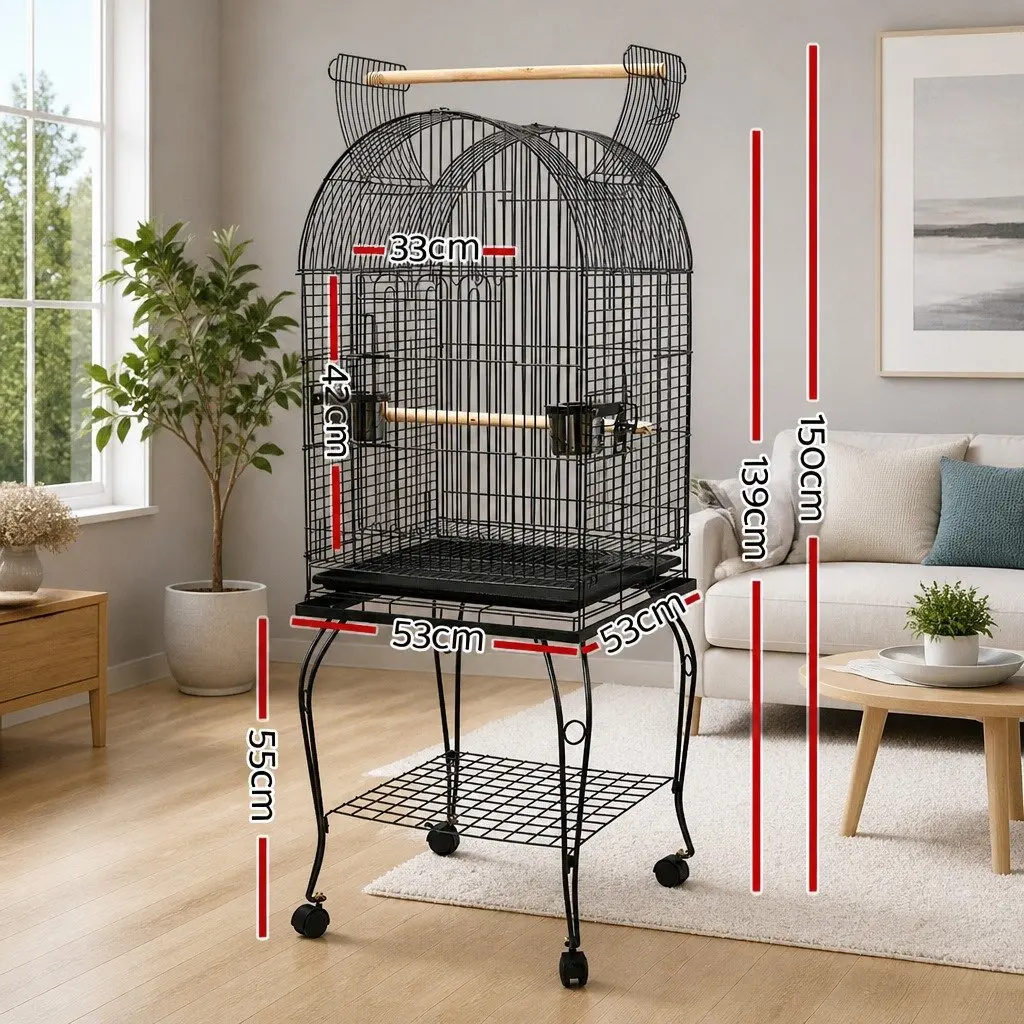 Large Bird Cage 150cm Dome Shape Wrought Iron Black Parrot Enclosure with Stand
