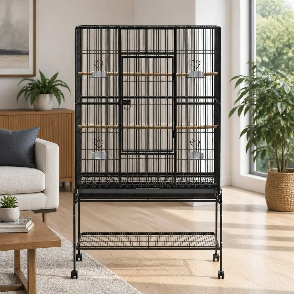 Large Bird Cage 138cm Black Powder-coated Wrought Iron Easy Assembly with Stand Perches and Food Bowls