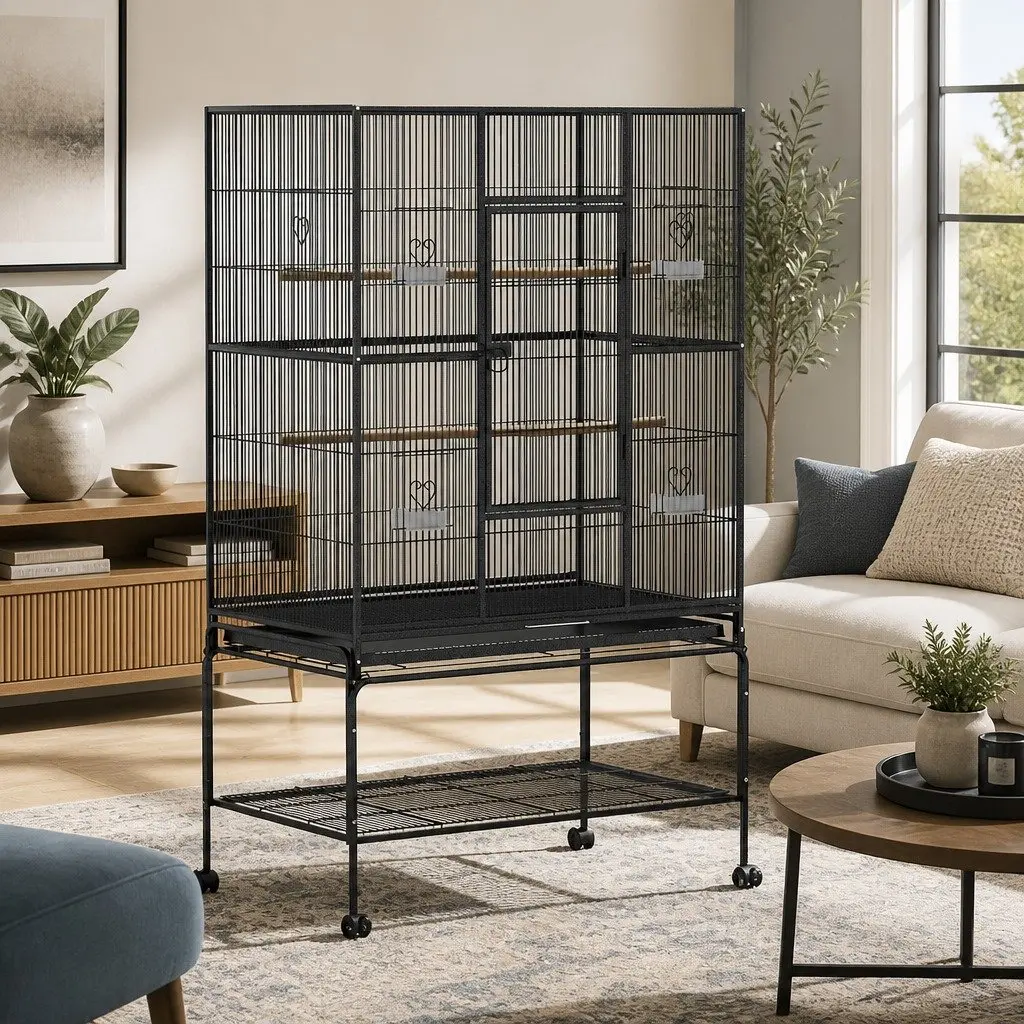 Large Bird Cage 138cm Black Powder-coated Wrought Iron Easy Assembly with Stand Perches and Food Bowls