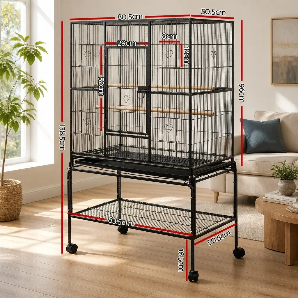 Large Bird Cage 138cm Black Powder-coated Wrought Iron Easy Assembly with Stand Perches and Food Bowls