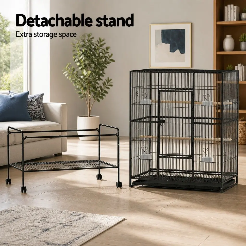 Large Bird Cage 138cm Black Powder-coated Wrought Iron Easy Assembly with Stand Perches and Food Bowls