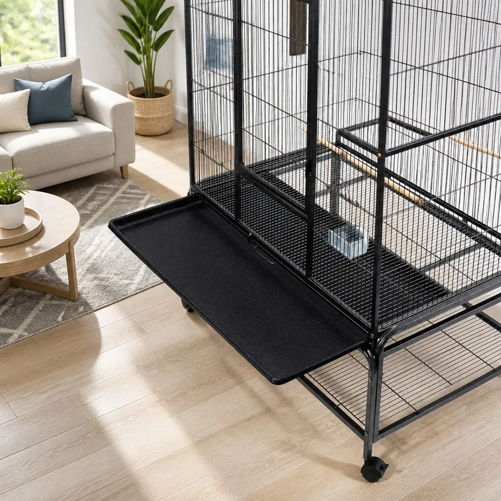 Large Bird Cage 138cm Black Powder-coated Wrought Iron Easy Assembly with Stand Perches and Food Bowls