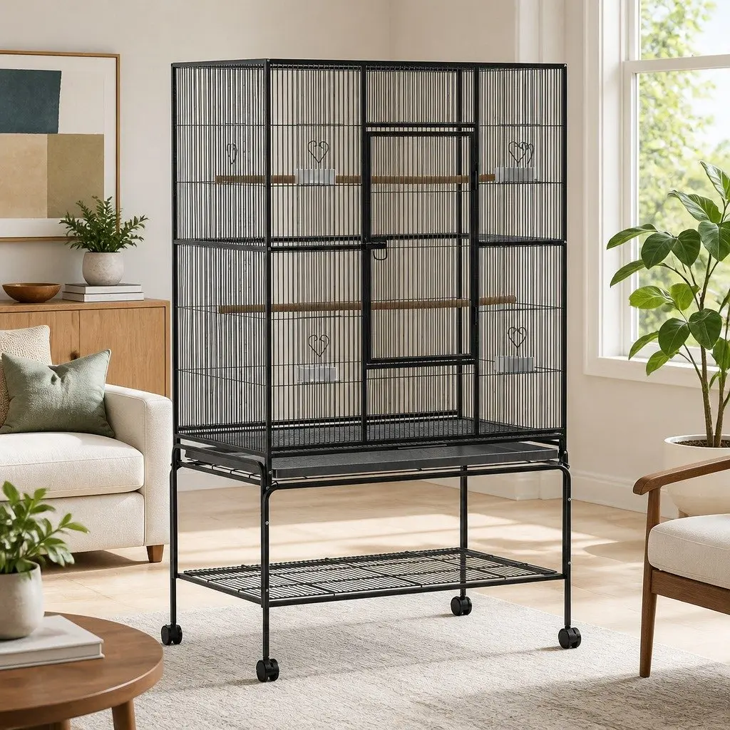 Large Bird Cage 138cm Black Powder-coated Wrought Iron Easy Assembly with Stand Perches and Food Bowls