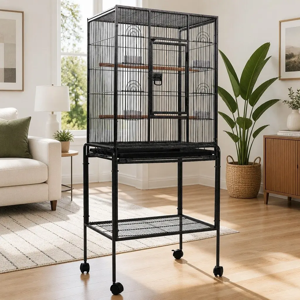 Large Bird Cage 144cm Durable Anti-Rust Frame with Lockable Wheels for Indoor Outdoor Use