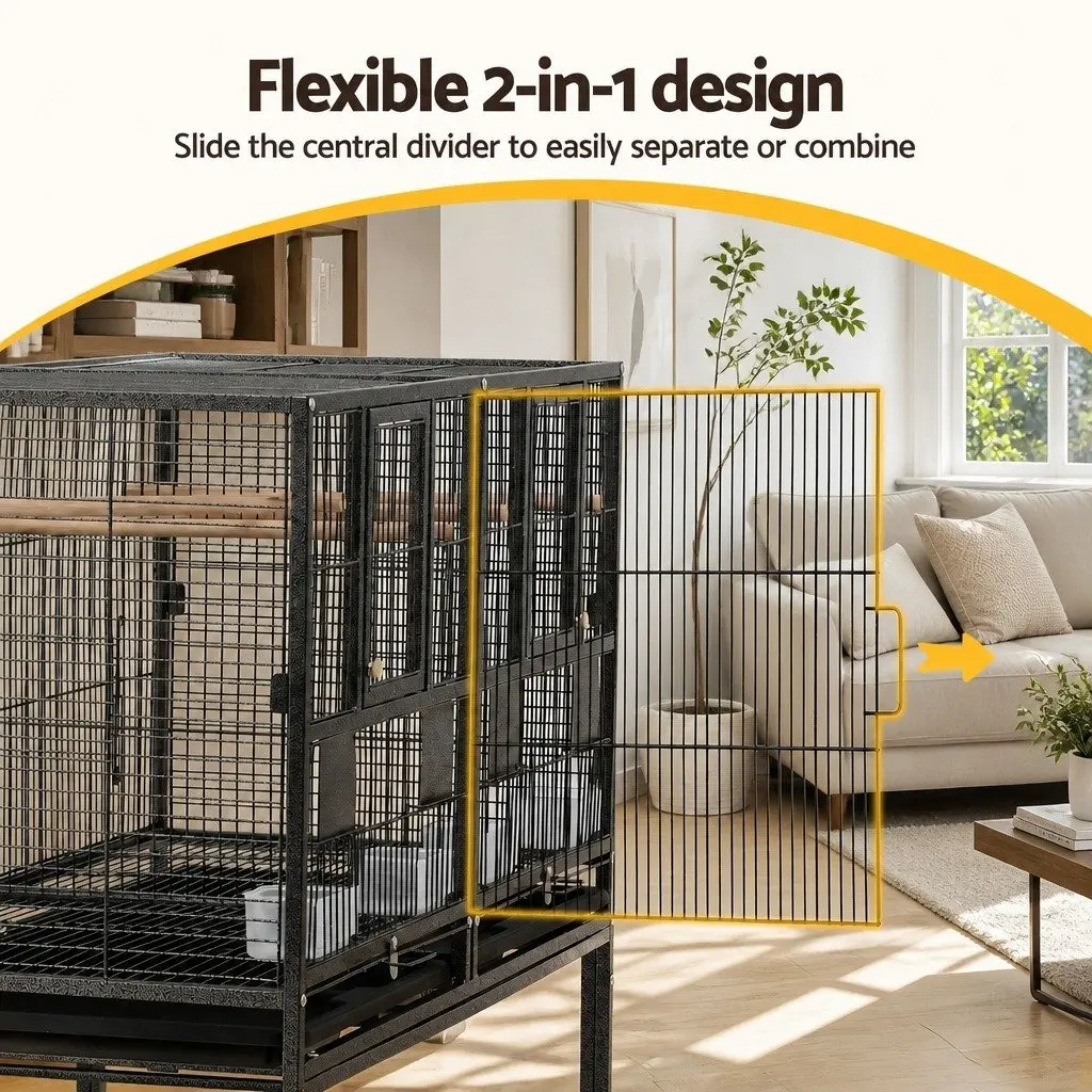 Bird Cage 106cm 2-in-1 Divider Removable for Parrot Budgie with Wheels Storage Black