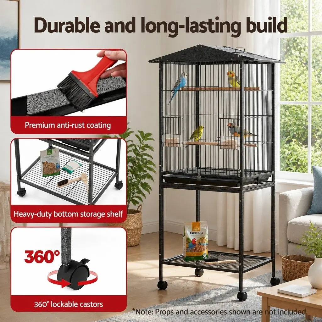 Bird Cage Aviary Open Top Parrot Budgie Stand 136cm Wheels Black Storage Shelf