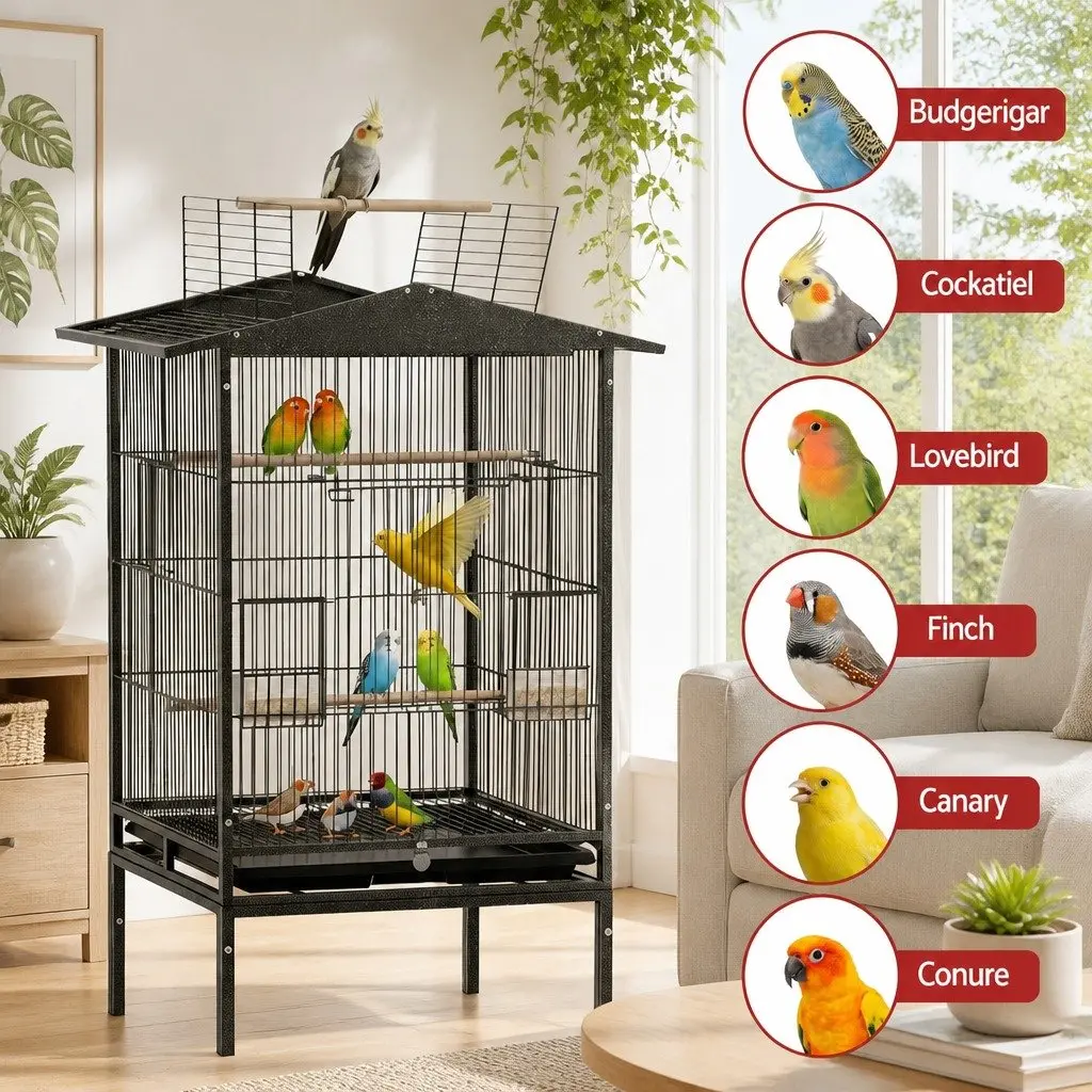 Bird Cage Aviary Open Top Parrot Budgie Stand 136cm Wheels Black Storage Shelf