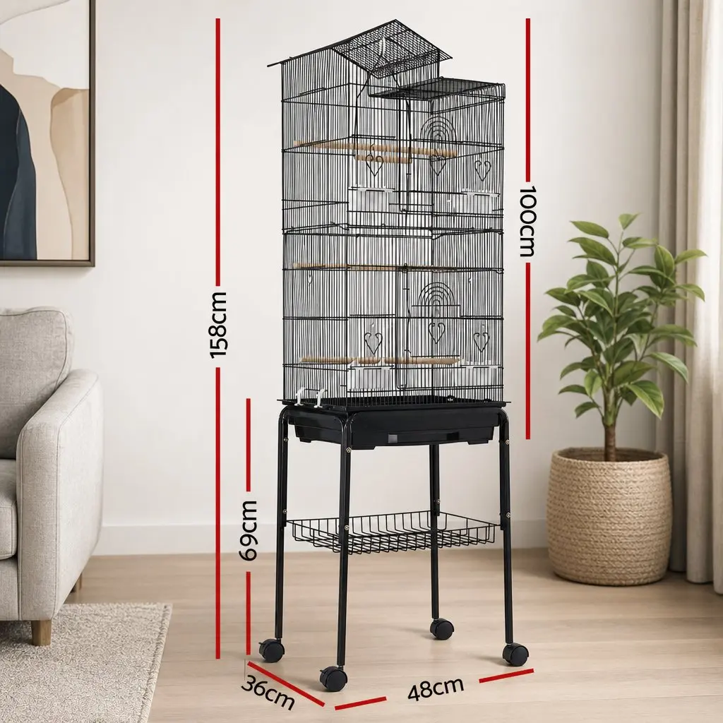 Bird Cage Aviary 158cm Parrot Budgie Stand Wheels Black 3-in-1 Design Hanging