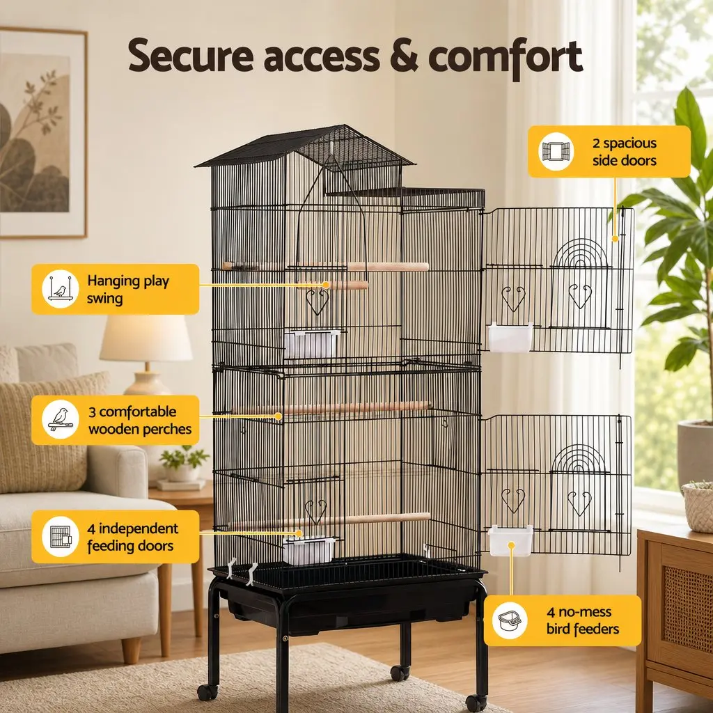 Bird Cage Aviary 158cm Parrot Budgie Stand Wheels Black 3-in-1 Design Hanging