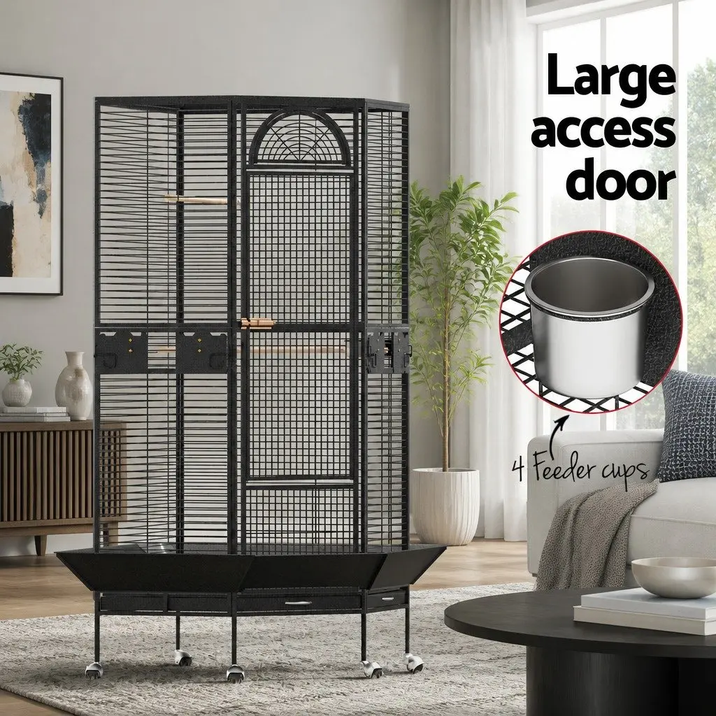 Large Black Bird Cage Aviary Stand Parrot Budgie Jumbo Corner Wheels Perches