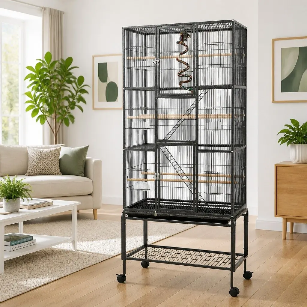 Large 3-Tier Bird Cage 176cm Heavy-Duty Steel Frame with Ladders and Rolling Castors