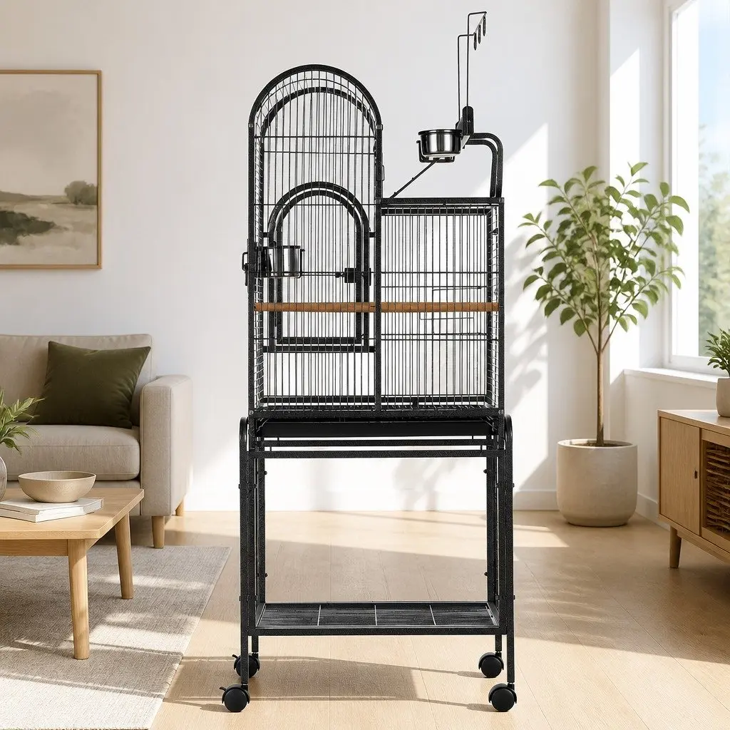 Large Bird Cage 152.5cm Black Metal Frame Portable with Wheels Multiple Doors
