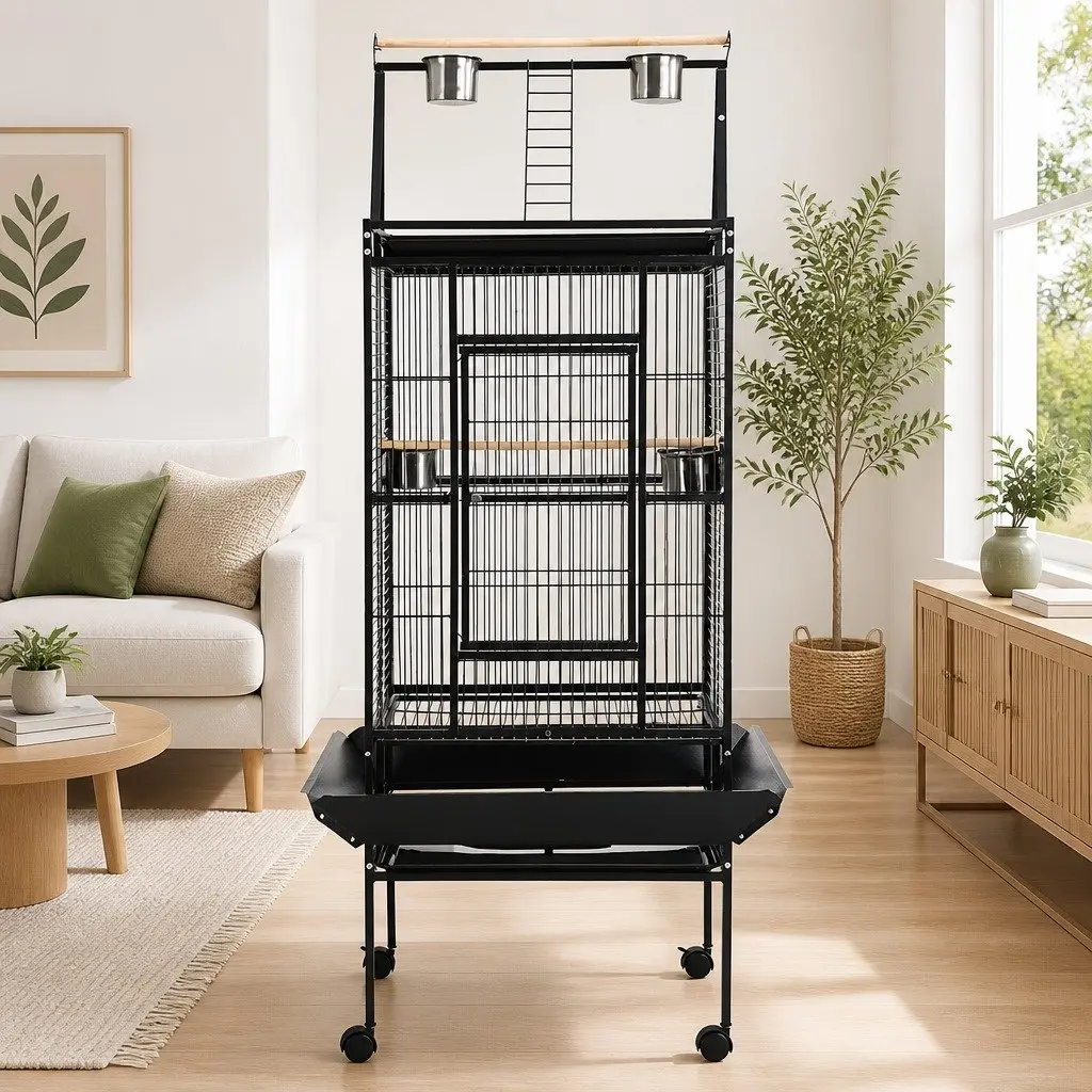 Large Bird Cage 173cm Tall Durable Wrought Iron with Pyramid Top Playing Area and Lockable Wheels