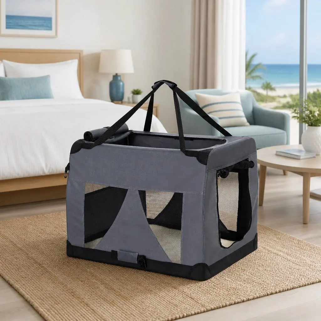 Pet Carrier Medium 60x42cm Soft Crate Portable Foldable Grey
