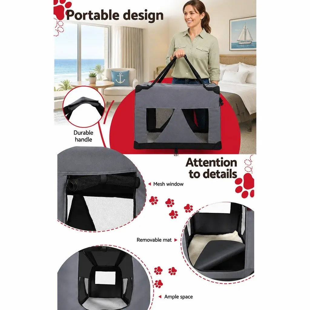 Pet Carrier Medium 60x42cm Soft Crate Portable Foldable Grey