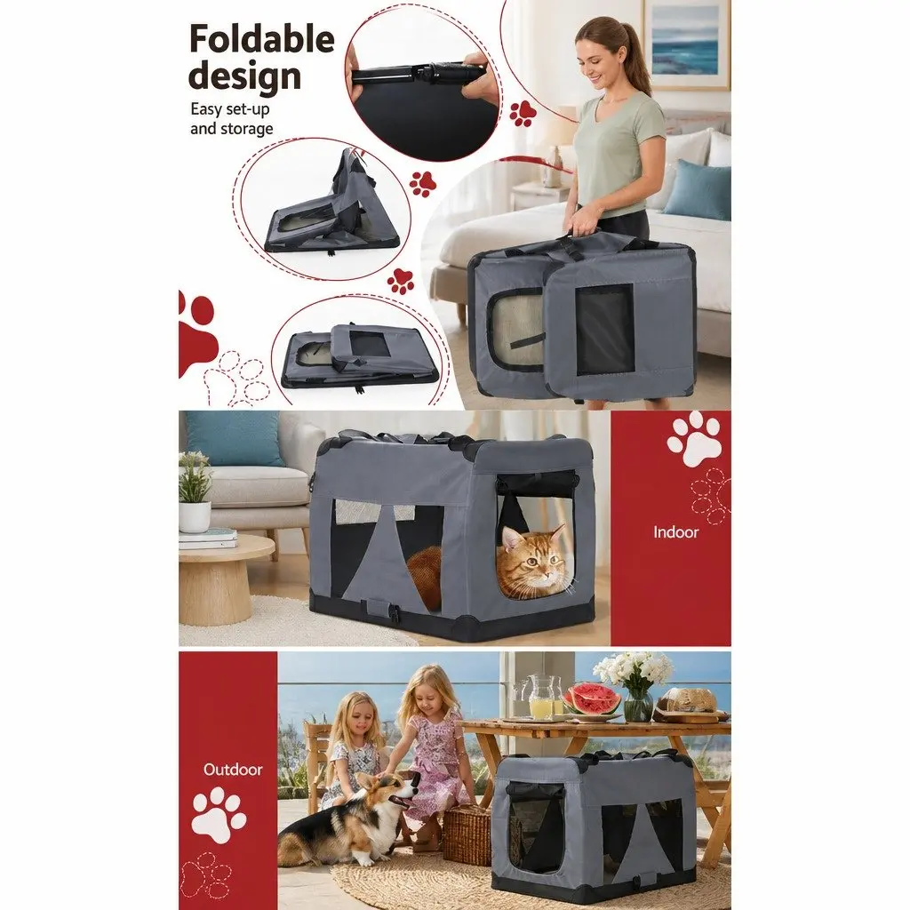 Pet Carrier Medium 60x42cm Soft Crate Portable Foldable Grey