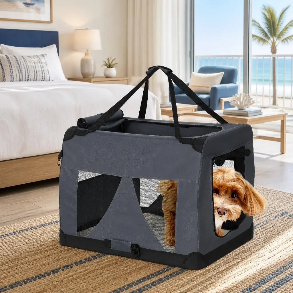 Pet Carrier Medium 60x42cm Soft Crate Portable Foldable Grey