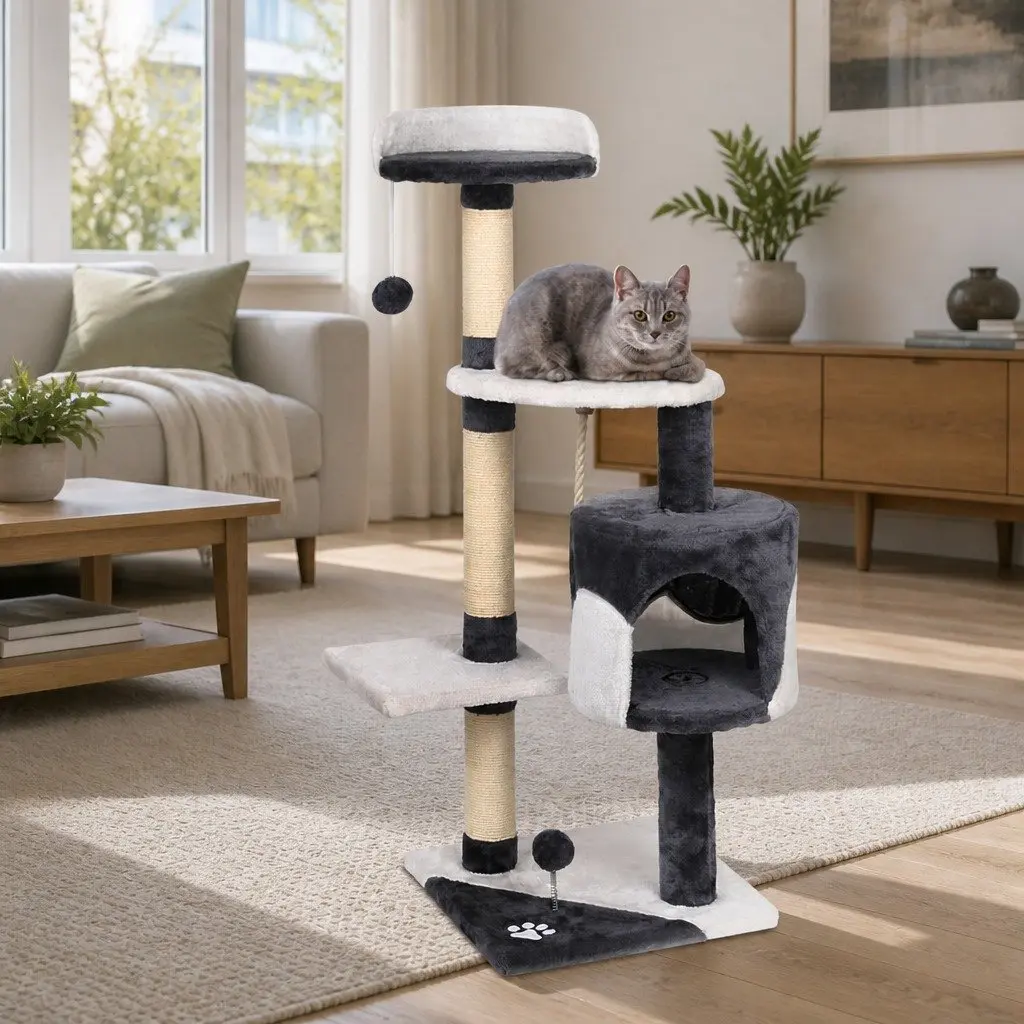 Cat Tree 112cm Tall Multi-Level Scratching Post with Plush Velvet and Sisal Wrapped Posts