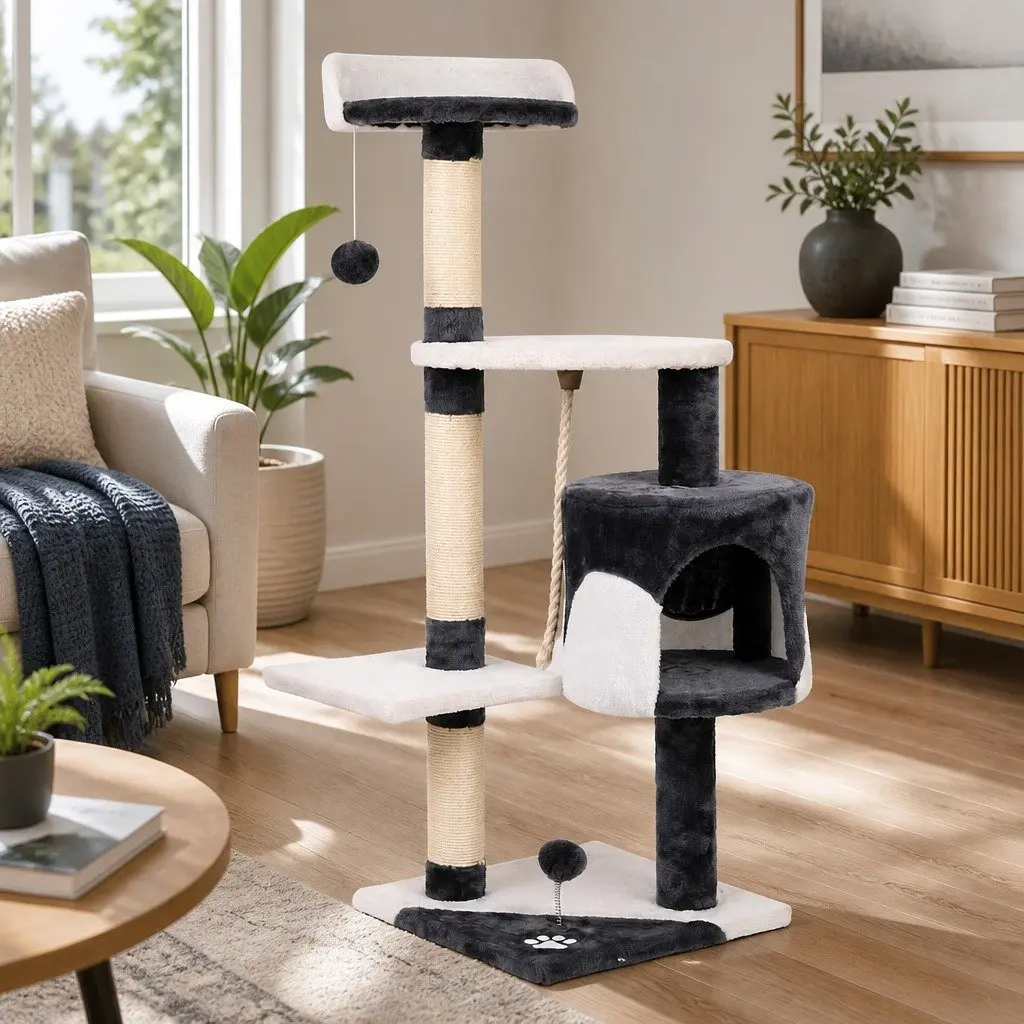 Cat Tree 112cm Tall Multi-Level Scratching Post with Plush Velvet and Sisal Wrapped Posts