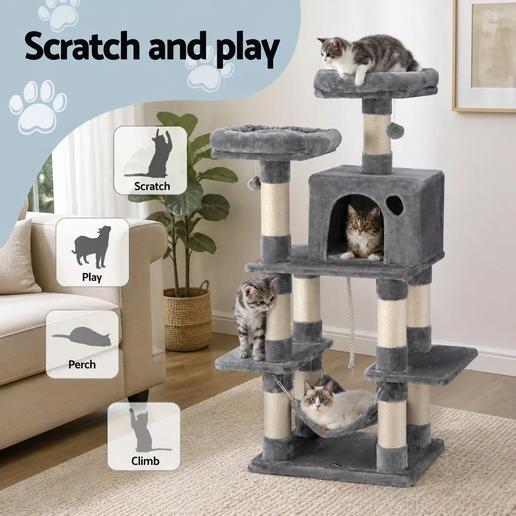 Cat Tree 145cm Multi-Level Scratching Post Condo House with Sleeping Cradles Hammock and Sisal-Wrapped Posts