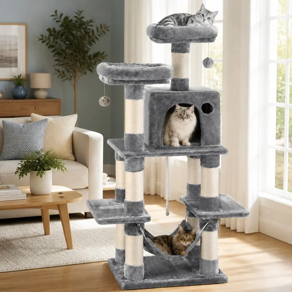Cat Tree 145cm Multi-Level Scratching Post Condo House with Sleeping Cradles Hammock and Sisal-Wrapped Posts