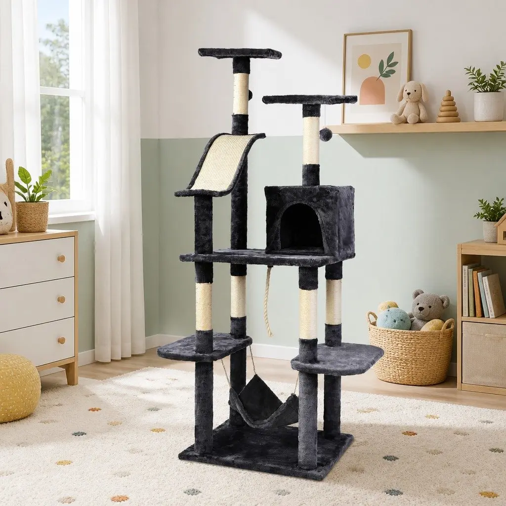 Cat Tree 171cm Tall Multi-Level Scratching Post Tower with Wooden Condo Bed Hammock and Rope Toys